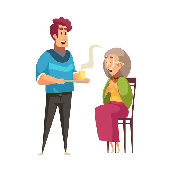 Help Elderly People Composition Cartoon Style Human Characters Young Assist — Stok Vektör