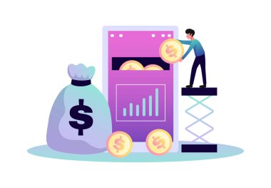 Renkli simgeler ve insan karakterleri vektör illüstrasyonuyla dijital yatırım finansmanı bileşimi