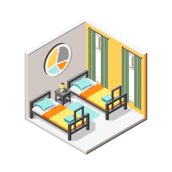 Hostel Room Isometric Composition — Stock Vector