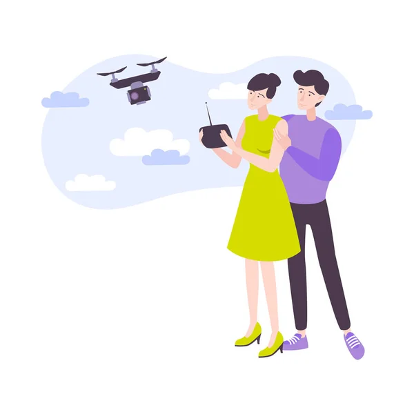 Couple With Quadcopter Composition — Archivo Imágenes Vectoriales