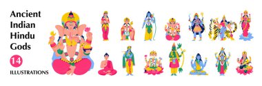 İzole edilmiş Antik Hint Hindu Tanrıları Büyük Simge Kümesi