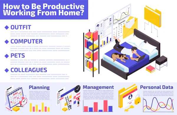 Travail à domicile Productivité Infographies — Image vectorielle