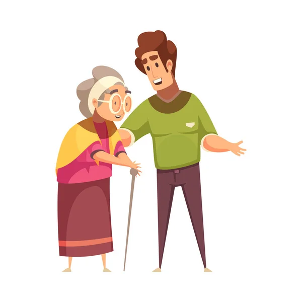 Guy ayuda a la abuela Composición — Vector de stock