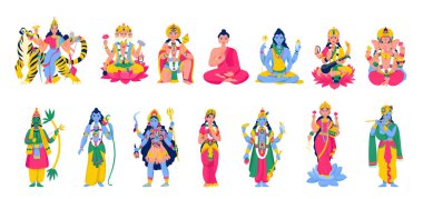 Antik Hint Hindu tanrıları ikonu çeşitli tanrıları pahalı kostümler giydirip lotus pozisyonuna oturtur ve ayaklarının üzerinde dururlar.