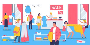 Moda mağazası vektör illüstrasyonunda cep kavgası içeren büyük indirimli düz kompozisyon