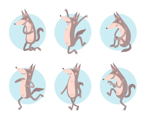 Set Cartoni Animati Personaggio Lupo Pose Diverse Isolato Illustrazione Vettoriale — Vettoriale Stock