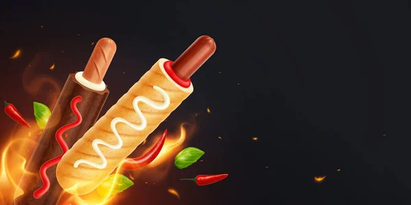 Franse Hot Dog Realistische Samenstelling Met Zwarte Achtergrond Set Van — Stockvector