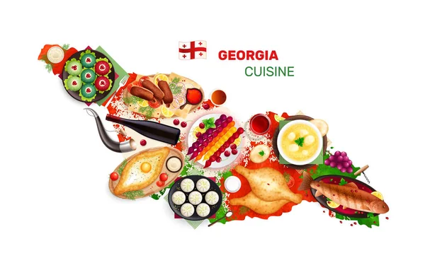 伝統的な料理は 料理と国民のシンボルベクトルイラストとグルジアの国境のビューで現実的な組成物をマップ — ストックベクタ