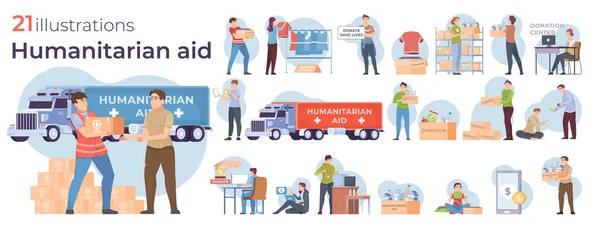 Freiwillige Sammeln Spenden Und Geben Humanitäre Hilfe Für Menschen Flache — Stockvektor