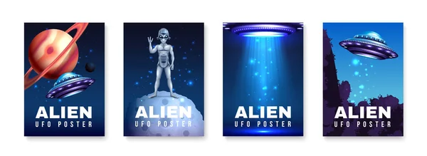 Alien Ufo Poster Set Met Buiten Ruimte Symbolen Realistisch Geïsoleerde — Stockvector