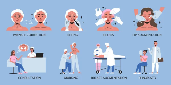 Composiciones Planas Cirugía Plástica Con Consulta Médica Corrección Arrugas Ilustración — Vector de stock