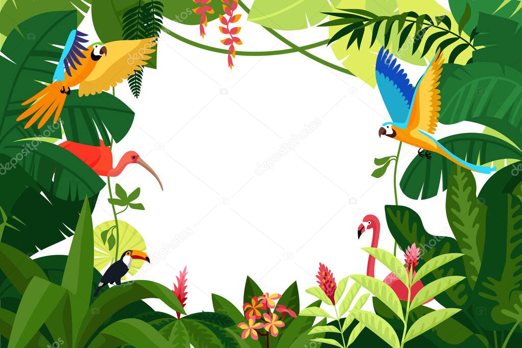Jungle white colored composition parrots flying in the jungle on white background vector illustration