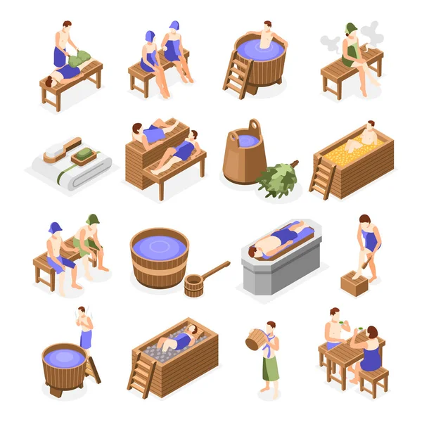 Badehaus und Spa entspannende isometrische Symbole — Stockvektor