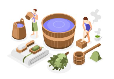 Banyo ve spa rahatlatıcı izometrik bileşimi banyo aletleri ve izole edilmiş aksesuarlar ile izole vektör illüstrasyonu