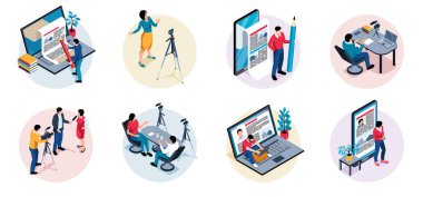 İznik gazeteci metin yazarı ve blog yazarı yaşam sahneleri izole edilmiş vektör illüstrasyonu ile çalışma kompozisyonu