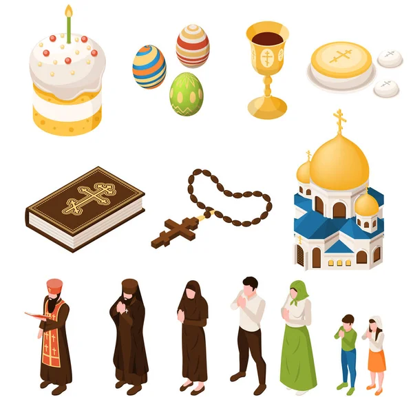 Orthodoxe Christelijke Isometrische Set Met Religie Kerkelijke Symbolen Geïsoleerde Vector — Stockvector