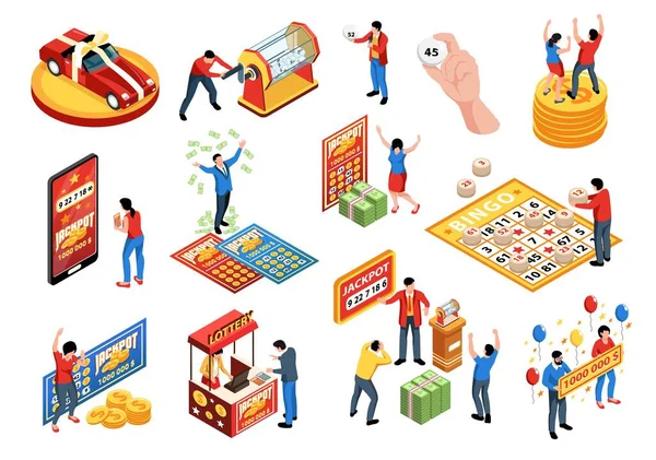 Ícones Isométricos Loteria Bingo Conjunto Com Ganhar Perder Pessoas Ilustração — Vetor de Stock