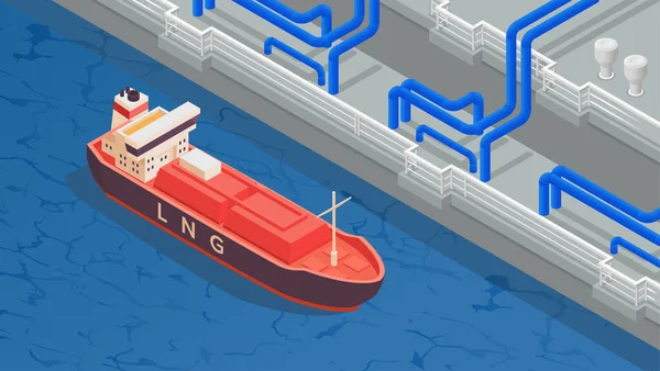 Ing Vektör Illüstrasyonunu Boşaltmak Için Donanımlı Tanker Demirlemesi Ile Benzin — Stok Vektör