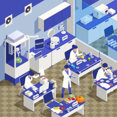 Laboratuvar çalışanlarının ürünleri izometrik vektör illüstrasyonunu test ettiği HACCP gıda güvenliği kavramı