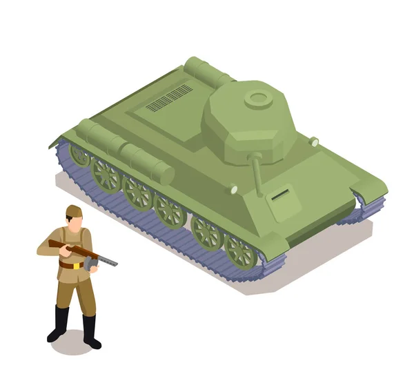 装甲タンクと兵士等角ベクトルイラストがセットされた第二次世界大戦の軍事機器 — ストックベクタ