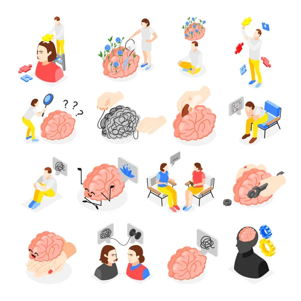 Icone Isometriche Della Salute Mentale Con Simboli Problemi Mentali Illustrazione — Vettoriale Stock
