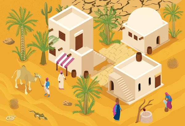 现代沙漠城镇的等距背景 居民传统泥砖屋和棕榈树病媒图解 — 图库矢量图片