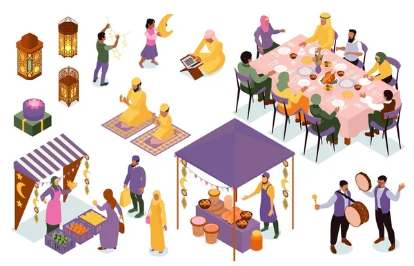 Ensemble Isométrique Ramadan Personnes Islamiques Assises Une Table Festive Priant — Image vectorielle