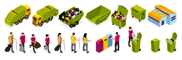 黄色の緑のトラックで設定された等角性のゴミのリサイクルの色のアイコン清掃員のゴミ缶とビンのベクトルイラスト — ストックベクタ