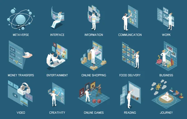 Metaverse Isometric Set Business Online Playing Work Communication Characters Wear — стоковий вектор