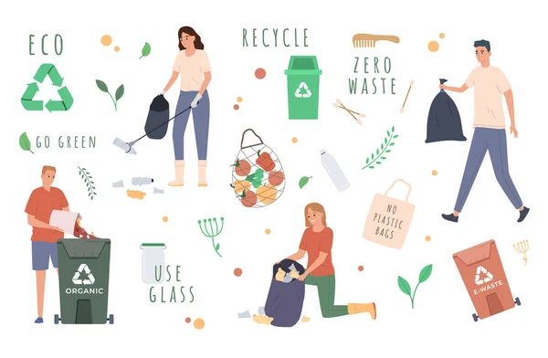 Zero Waste Concept People Sorting Garbage Flat Background Vector Illustration — Stock Vector