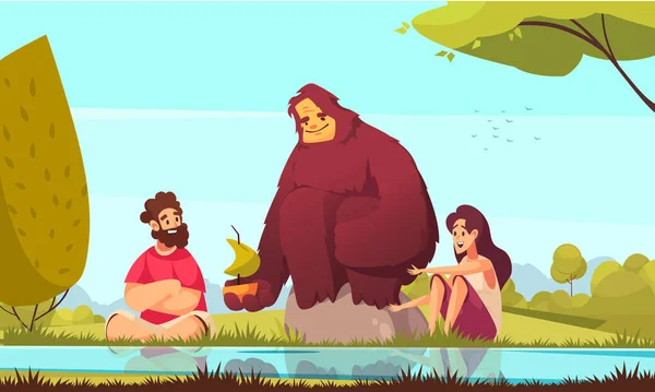 Přátelský Bigfoot Plachtění Hračka Loď Řece Šťastný Muž Žena Kreslené — Stockový vektor