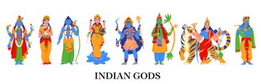 Renkli ve izole edilmiş eski Hint Hindu tanrıları simgesi sekiz farklı tanrı vektörü çizer.