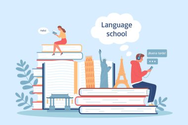 Kitap vektör illüstrasyonunu öğreten öğrencilerin oturduğu dil kursları düz kompozisyon