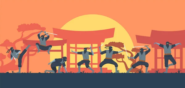 日本の鳥居と太陽のフラット組成ベクトルイラストを背景に武器と戦う忍者戦士 — ストックベクタ