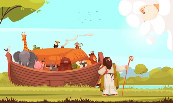 Biblical Scene Noah Talking God Ark Full Animals Flat Cartoon — Stock Vector