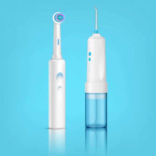 Realistische Zusammensetzung Der Zähne Mit Isolierter Elektrischer Zahnbürste Und Wasserseide — Stockvektor