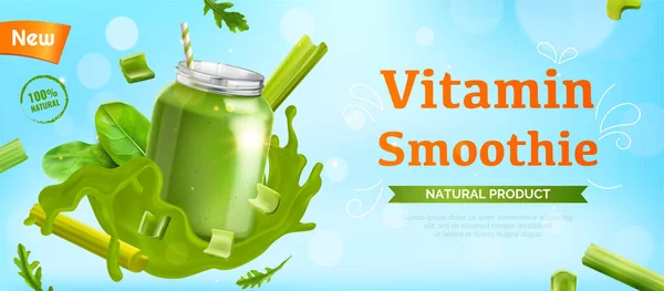Realistiska Selleri Annonser Horisontella Färgade Affisch Med Vitamin Smoothie Naturliga — Stock vektor