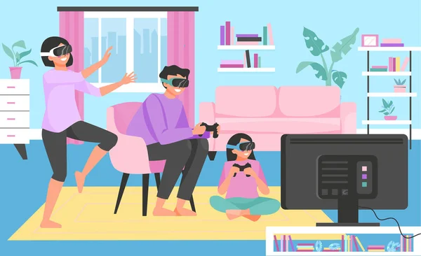 Permainan Video Keluarga Gambar Vektor Rata Rumah - Stok Vektor