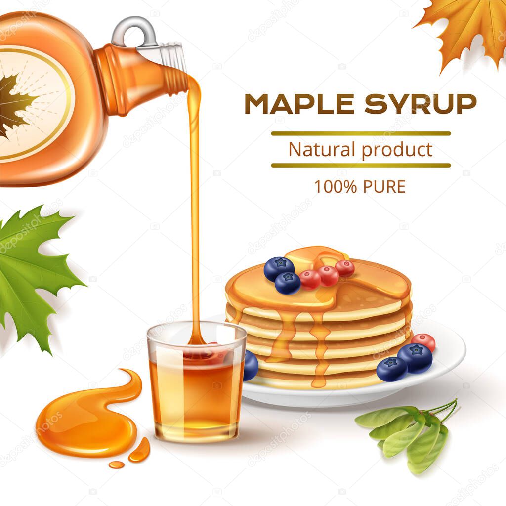 Pancakes dessert topped with natural maple syrup and berries realistic composition with glass bottle and autumn leaves vector illustration