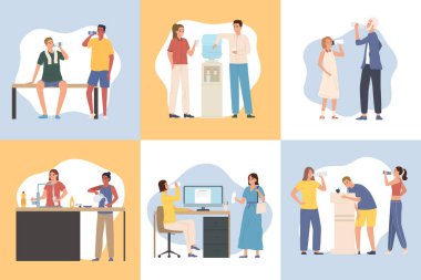 Farklı durumlarda taze su içen insanlar düz set izole vektör çizimi