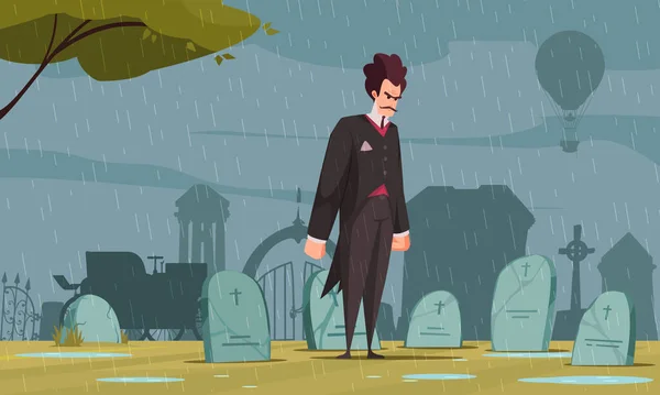 Θυμωμένος Frankenstein Κοιτάζοντας Ταφόπλακα Στο Νεκροταφείο Ρίχνει Βροχή Εικονογράφηση Φορέα — Διανυσματικό Αρχείο