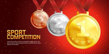 Kırmızı kurdele illüstrasyonunda altın gümüş ve bronz ödüllü spor renkli gerçekçi poster