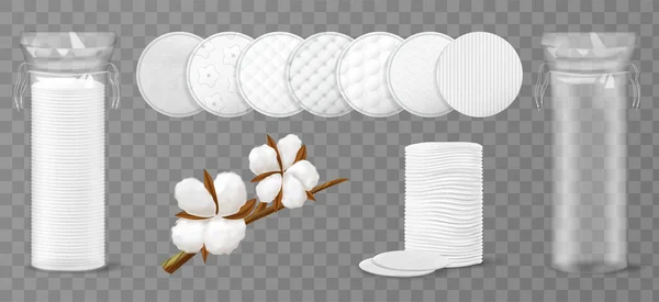 現実的な化粧品綿のパッド透明なアイコンセット綿の綿のラップ綿の枝とラウンドパッドの様々なスタイルベクトルイラスト — ストックベクタ