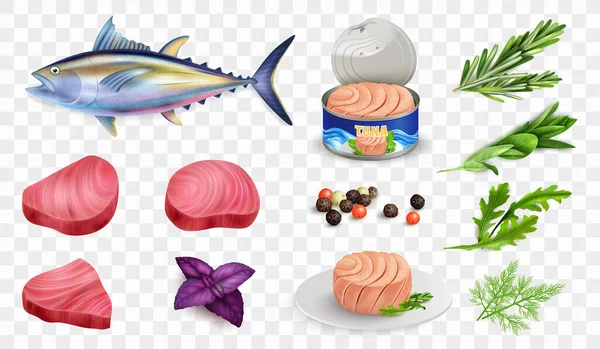 Conjunto Realista Atún Transparente Con Iconos Aislados Pescado Entero Filetes — Vector de stock