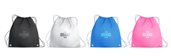 ブランド名のための場所と4色のドローストリングバッグ現実的な広告セット白の背景ベクトルイラストに隔離 — ストックベクタ