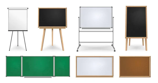 Ensemble Réaliste Tableaux Verts Noirs École Tableaux Magnétiques Marqueurs Panneaux — Image vectorielle