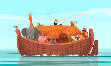 Noahs ark full of animals floating on sea to mount ararat cartoon vector illustration clipart
