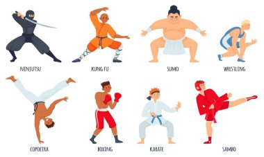 Dövüş sanatları sporcularının izole edilmiş karalama stili karakterleri ve düzenlenebilir metin başlıkları vektör illüstrasyonlarıyla dolu düz set.