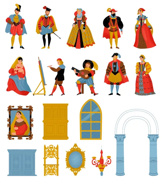Мужчины Средневековых Костюмах Женщины Модных Платьях Векторной Иллюстрации Предметов Интерьера — стоковый вектор