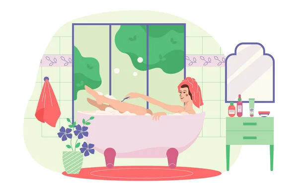 Mulher Corpo Beleza Cuidado Composição Plana Com Banheiro Interior Cenário — Vetor de Stock